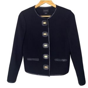 Club Monaco Blazer Women Size 2 Black Jacket With 100% Lamb Leather Trim *